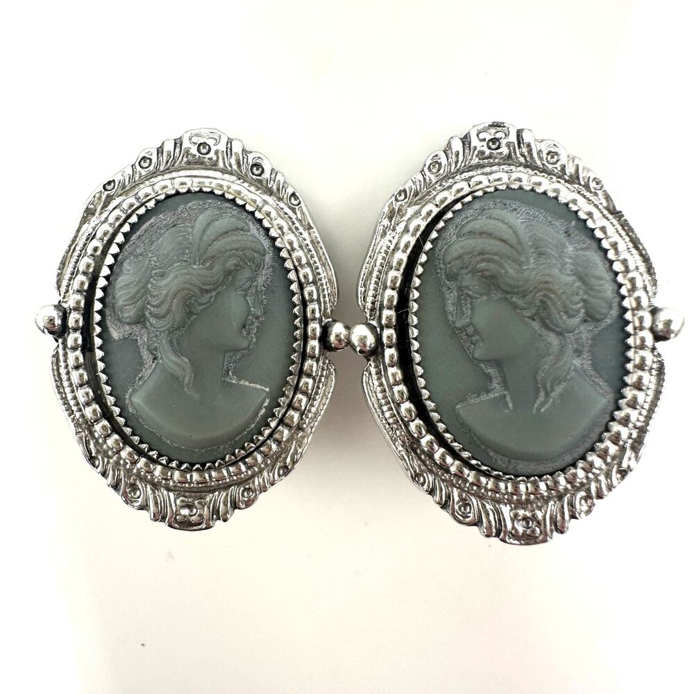 Whiting & Davis signed vintage silver tone gray resin cameos clip on earrings